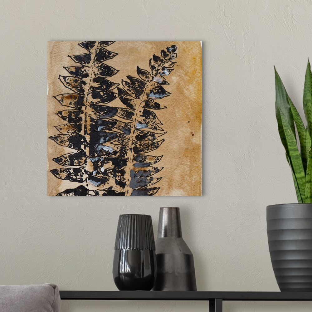 A modern room featuring A textured watercolor painting of leaves.