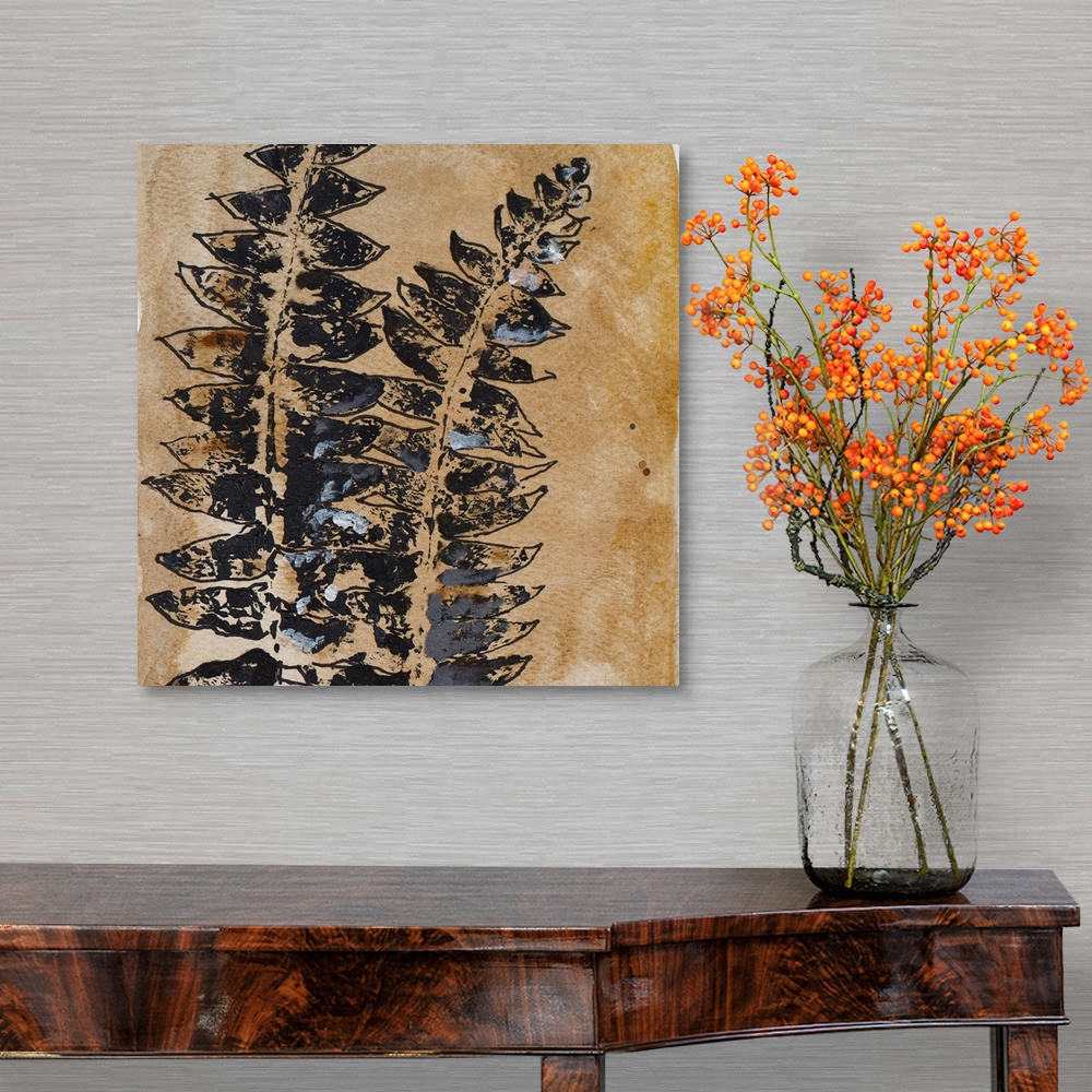 A traditional room featuring A textured watercolor painting of leaves.