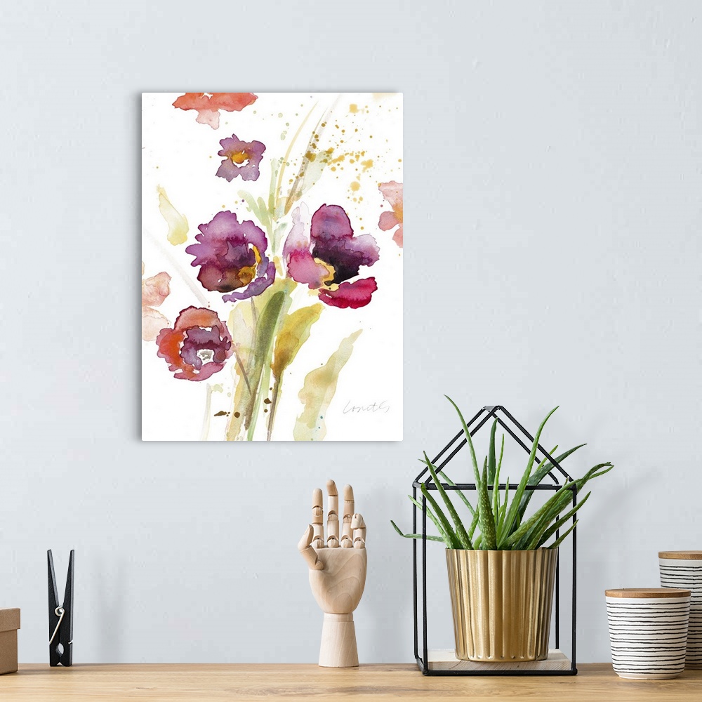 A bohemian room featuring Watercolor painting of purple, pink, and red flowers with green and yellow stems and leaves on a ...
