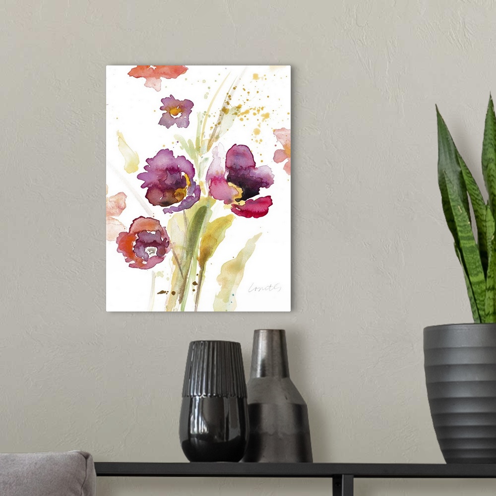 A modern room featuring Watercolor painting of purple, pink, and red flowers with green and yellow stems and leaves on a ...