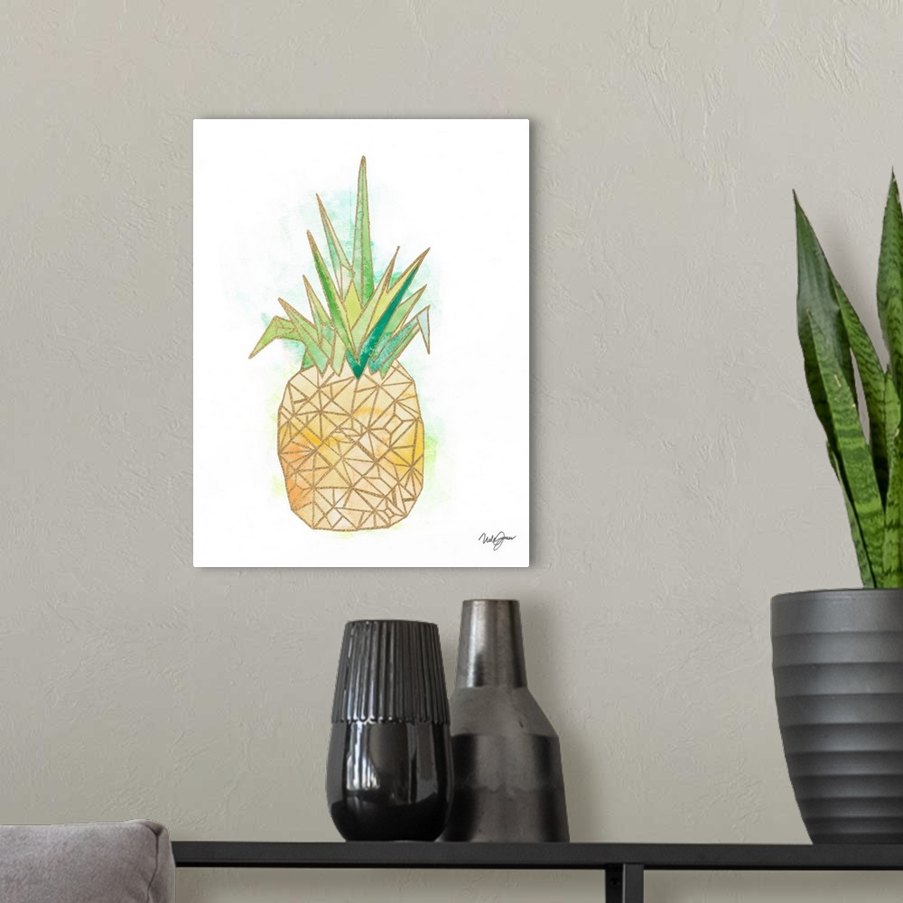 A modern room featuring Watercolor painting of a pineapple created with metallic gold geometric shapes on a white backgro...
