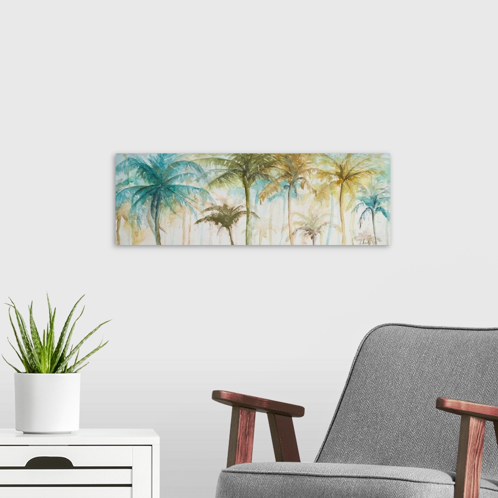 A modern room featuring A tropical watercolor painting of tan, blue, green, and yellow palm trees.