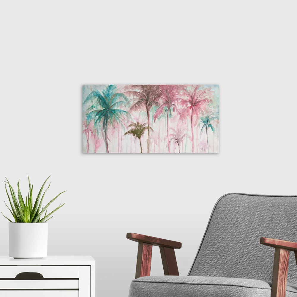 A modern room featuring A watercolor painting of pink and blue palm trees.