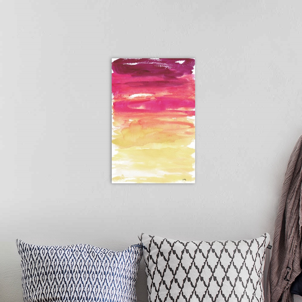 A bohemian room featuring Pink to yellow gradient watercolor painting.