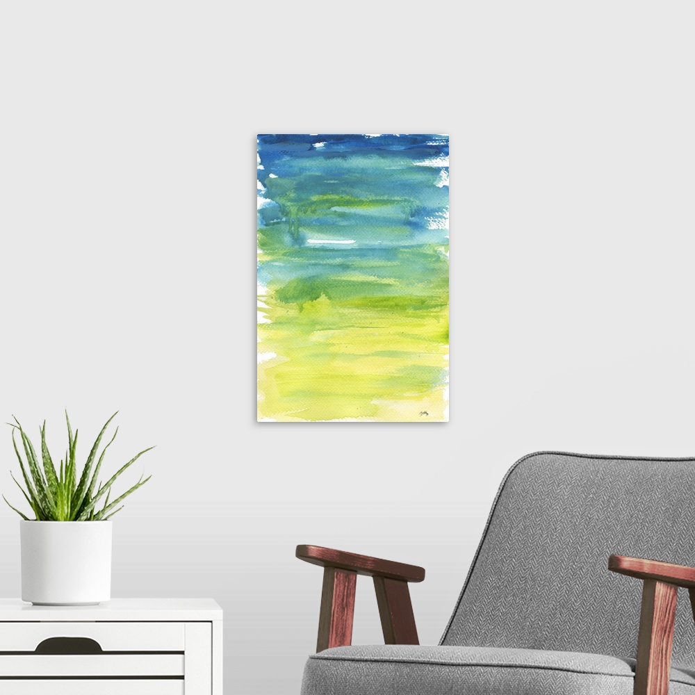 A modern room featuring Blue to yellow gradient watercolor painting.