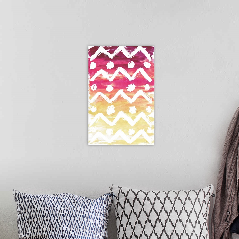 A bohemian room featuring Patterned watercolor painting with zigzags and circles on a magenta and yellow background.