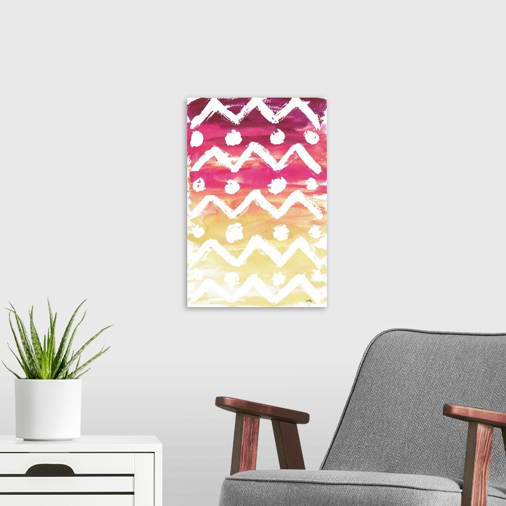 A modern room featuring Patterned watercolor painting with zigzags and circles on a magenta and yellow background.