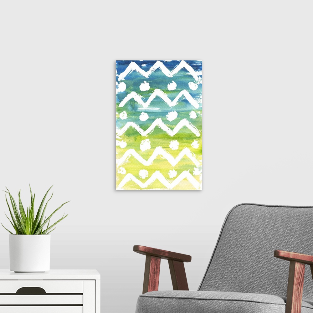 A modern room featuring Patterned watercolor painting with zigzags and circles on a blue to yellow gradient background.