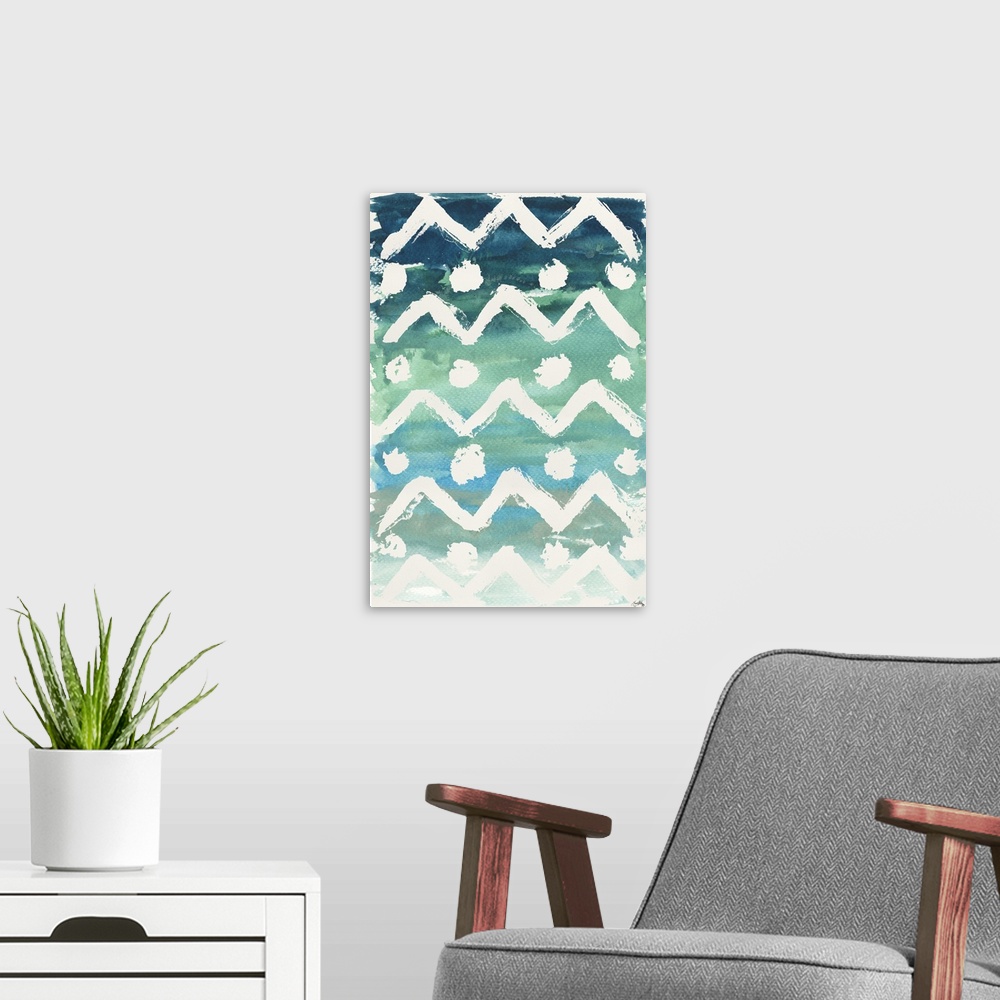 A modern room featuring Patterned watercolor painting with zigzags and circles on a blue and green background.