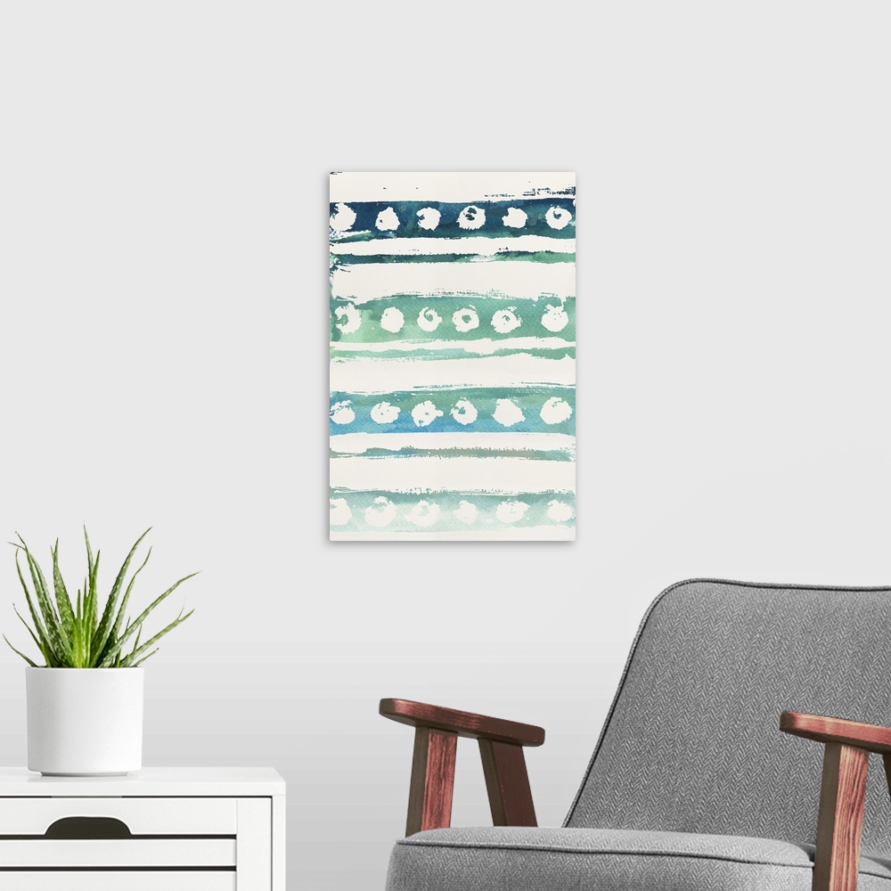 A modern room featuring Watercolor pattern with lines and circles on a blue and green background.