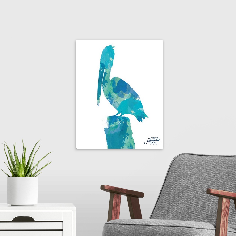 A modern room featuring Watercolor Pelican 1