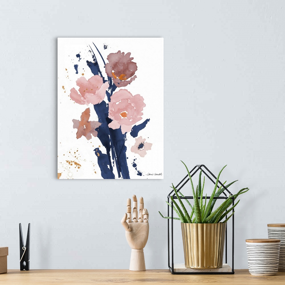 A bohemian room featuring Contemporary watercolor painting of pink poppy flowers with navy blue stems.