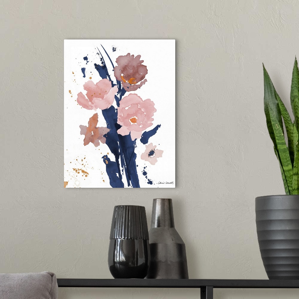 A modern room featuring Contemporary watercolor painting of pink poppy flowers with navy blue stems.