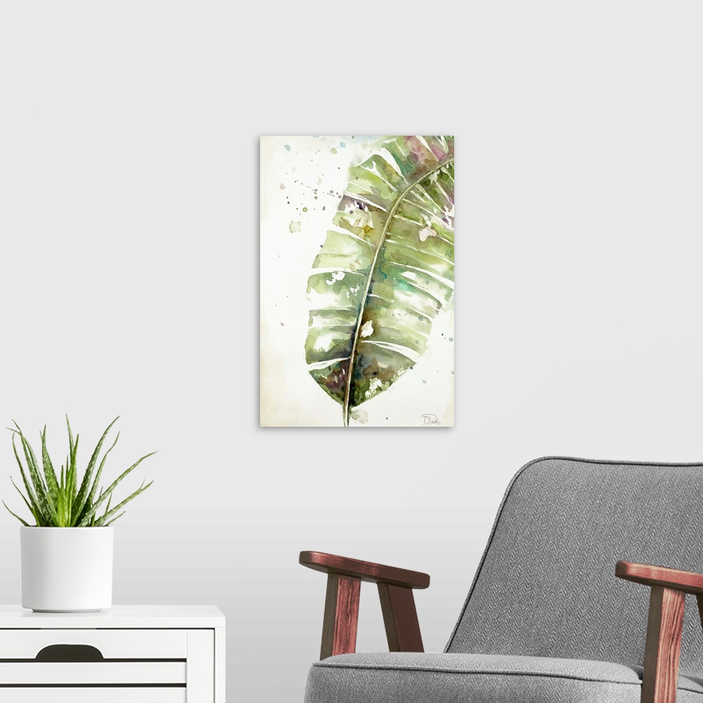 A modern room featuring A watercolor painting of a green toned plantain leaf.