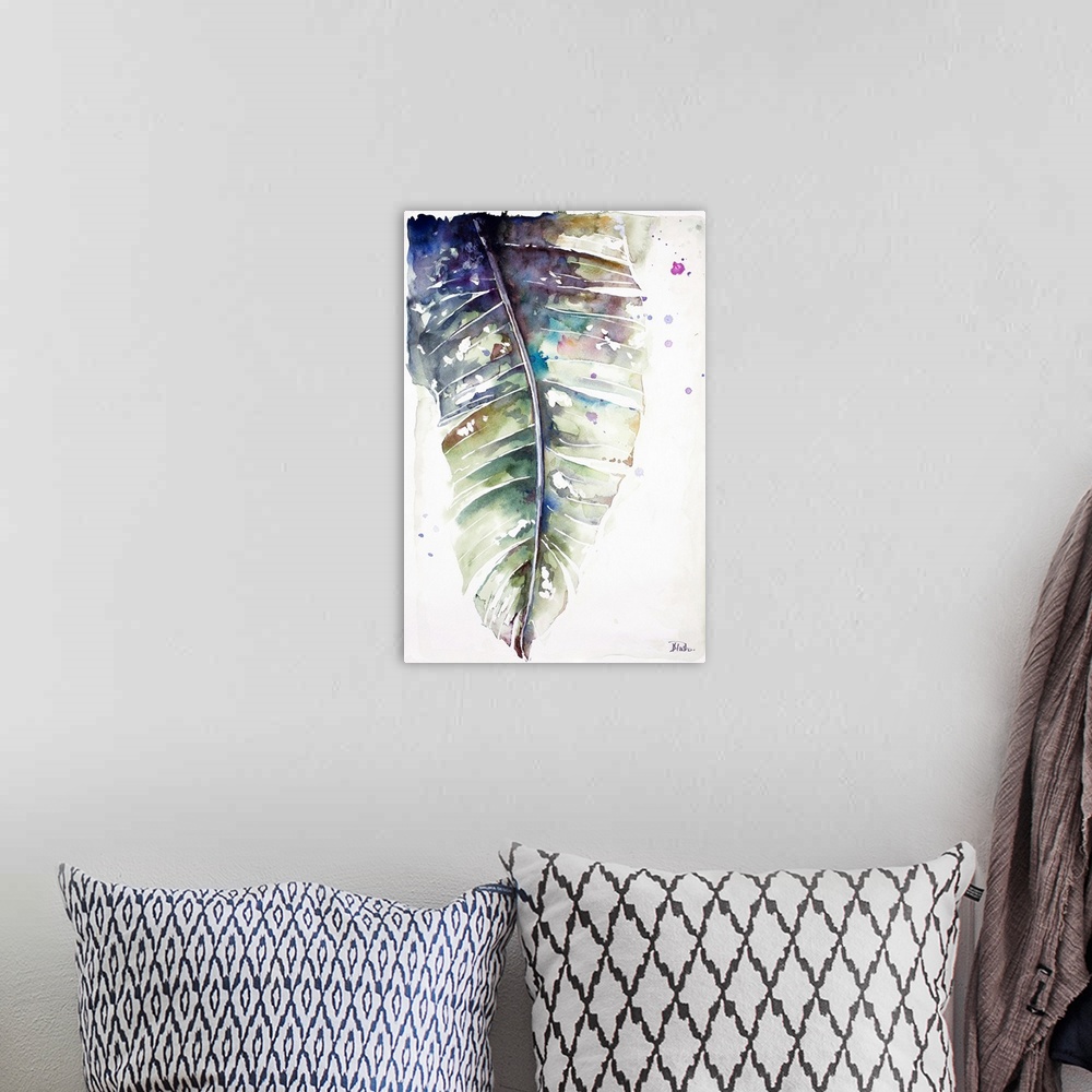 A bohemian room featuring A watercolor painting of a purple toned plantain leaf.