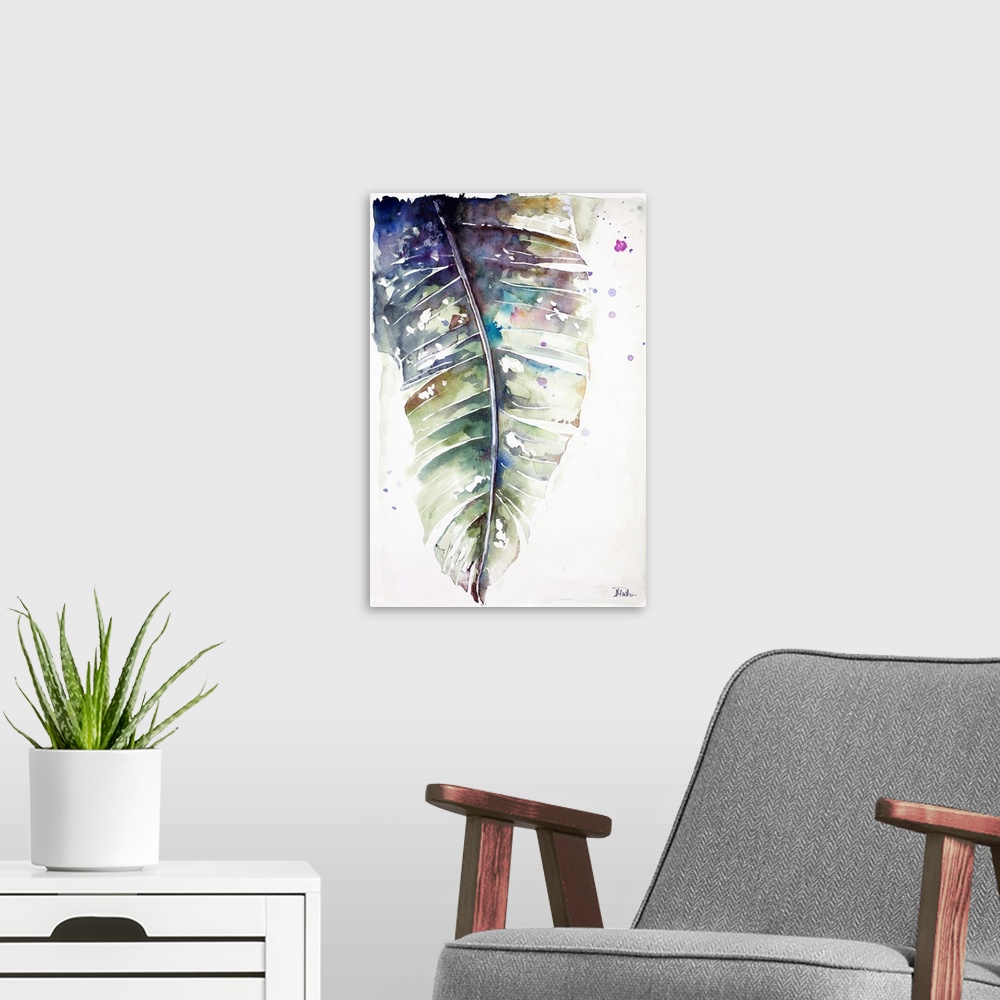 A modern room featuring A watercolor painting of a purple toned plantain leaf.