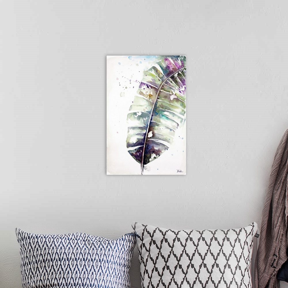 A bohemian room featuring A watercolor painting of a purple toned plantain leaf.