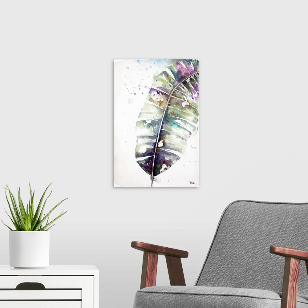 A modern room featuring A watercolor painting of a purple toned plantain leaf.