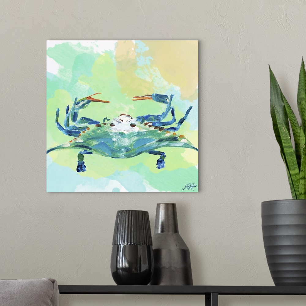 A modern room featuring A watercolor painting of a blue crab with sharp claws.
