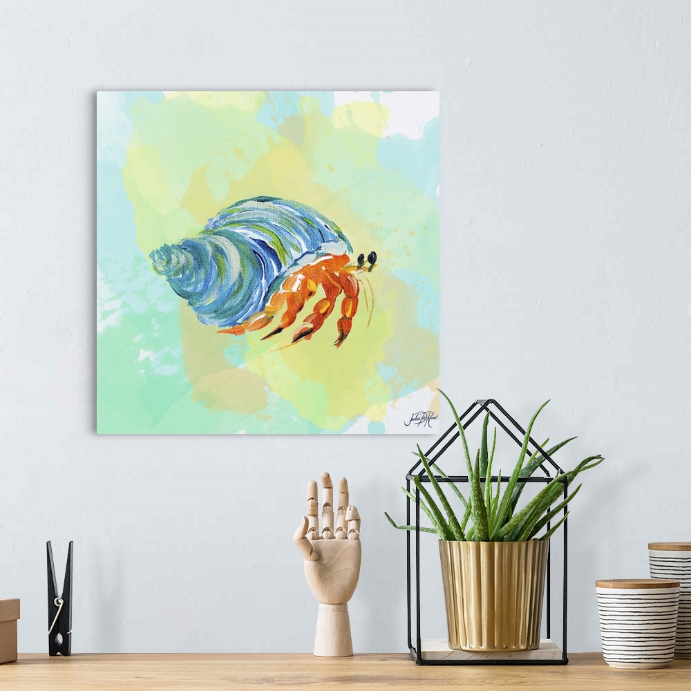 A bohemian room featuring A watercolor painting of a hermit crab with a blue shell.