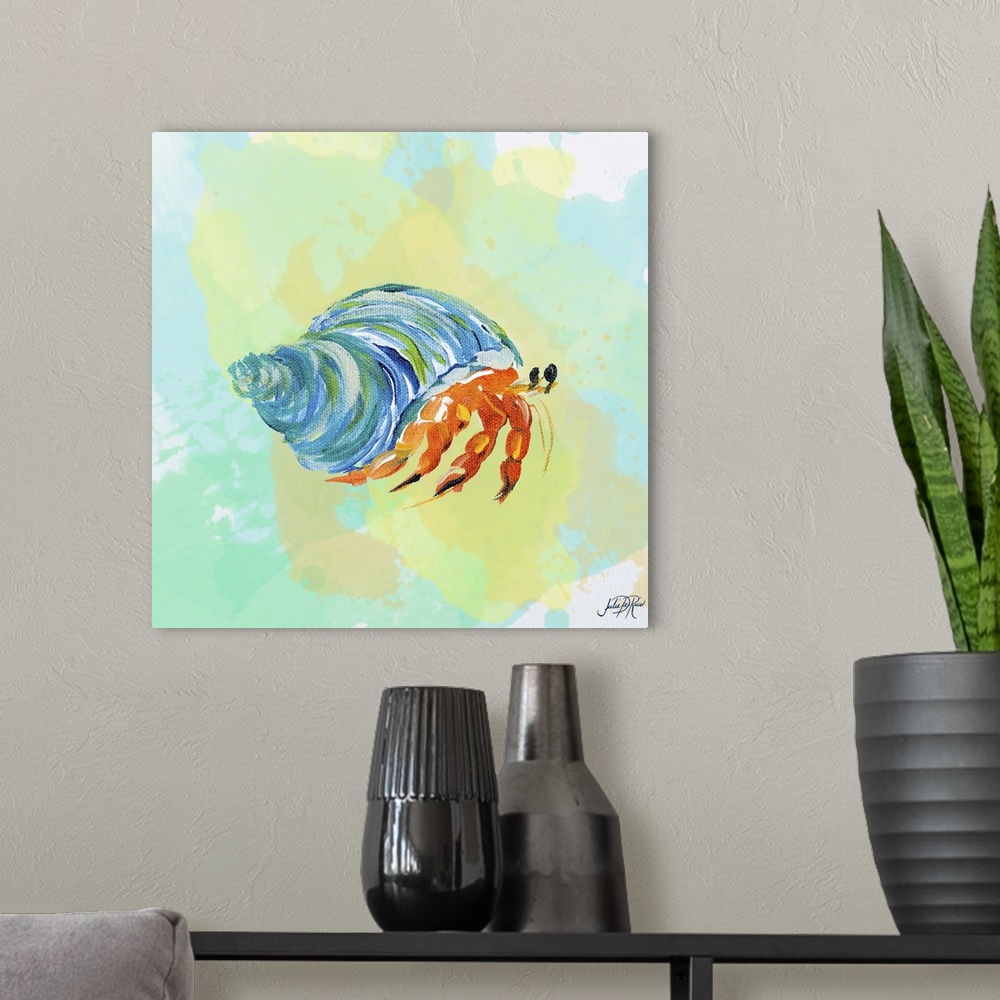 A modern room featuring A watercolor painting of a hermit crab with a blue shell.