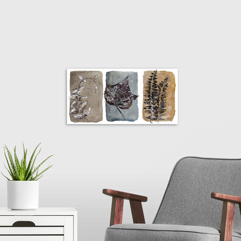 A modern room featuring A contemporary watercolor painting split into three separate sections with different leaves on ea...