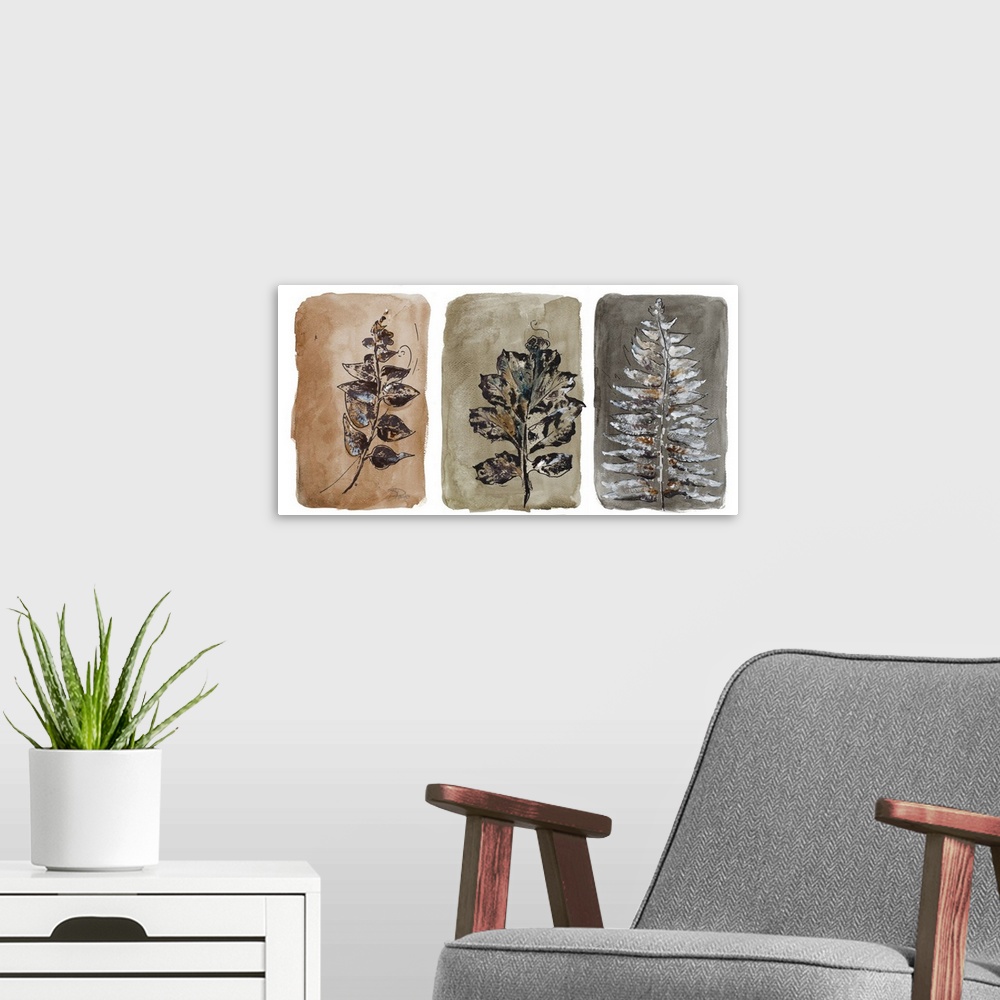 A modern room featuring A contemporary watercolor painting split into three separate sections with a different leaf on ea...