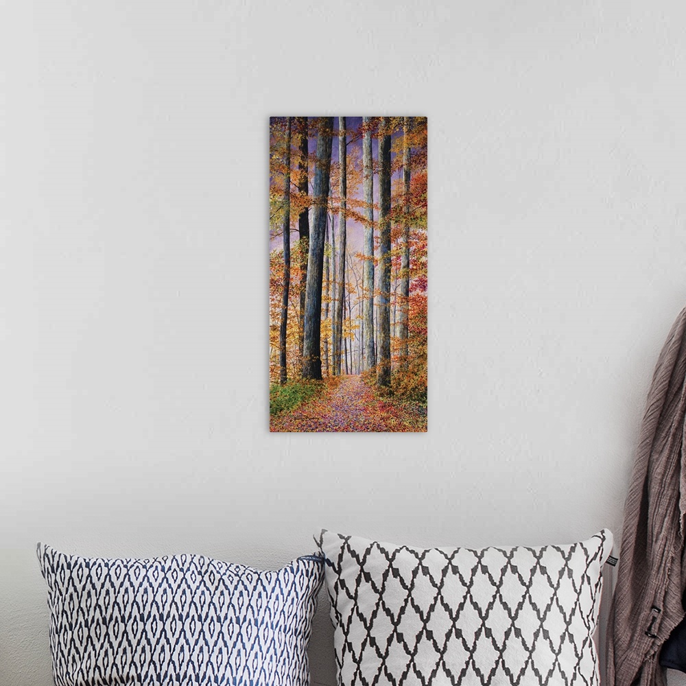 A bohemian room featuring A contemporary painting of a path in the woods surrounded by Fall trees and a violet sunset.