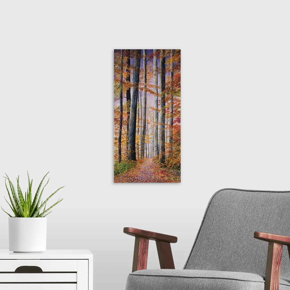 A modern room featuring A contemporary painting of a path in the woods surrounded by Fall trees and a violet sunset.