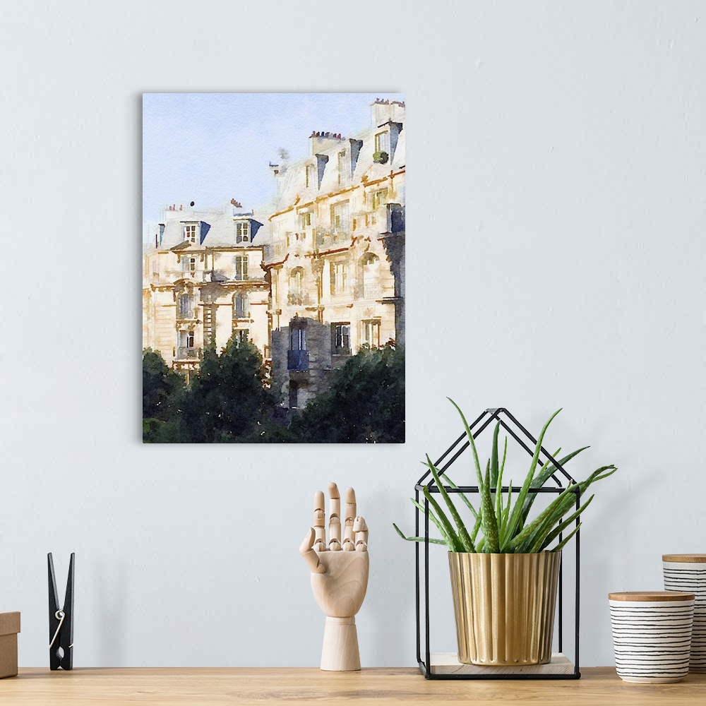 A bohemian room featuring This watercolor artwork illustrates the architectural brilliance of Paris buildings.