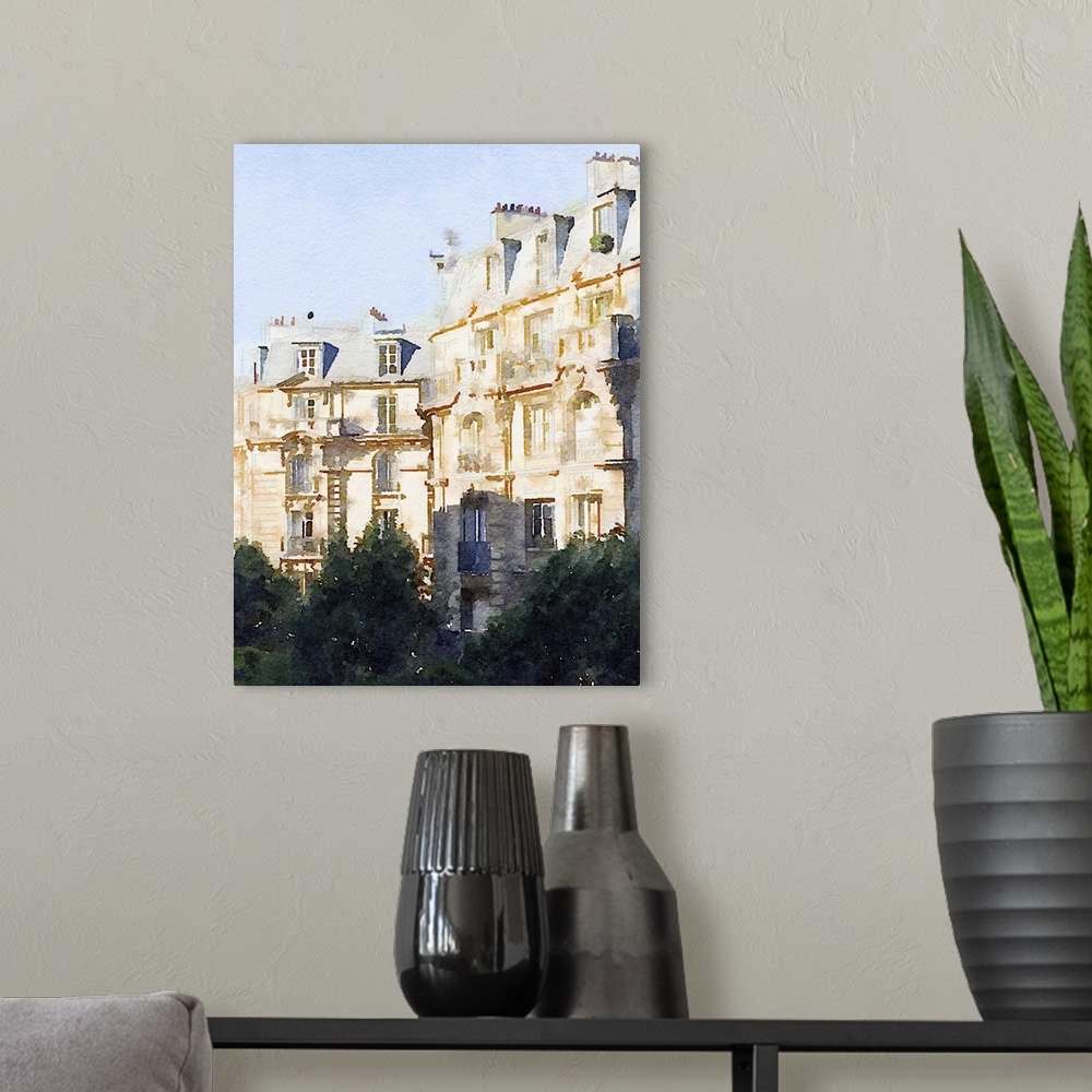 A modern room featuring This watercolor artwork illustrates the architectural brilliance of Paris buildings.