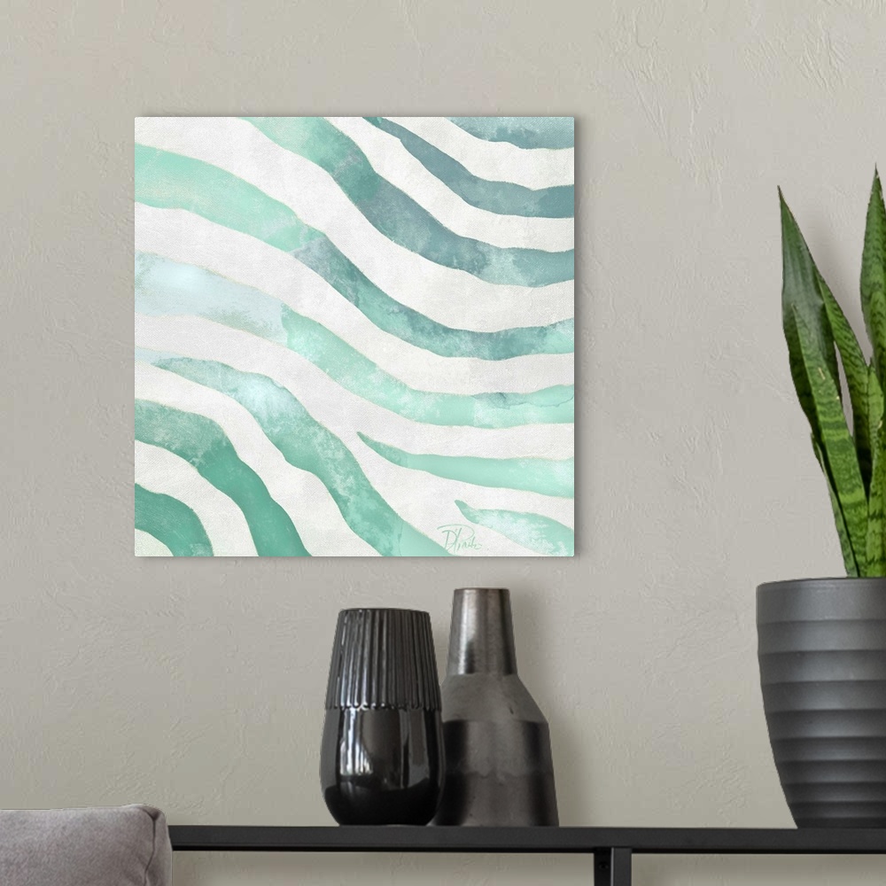 A modern room featuring Watercolor zebra print in light teal.