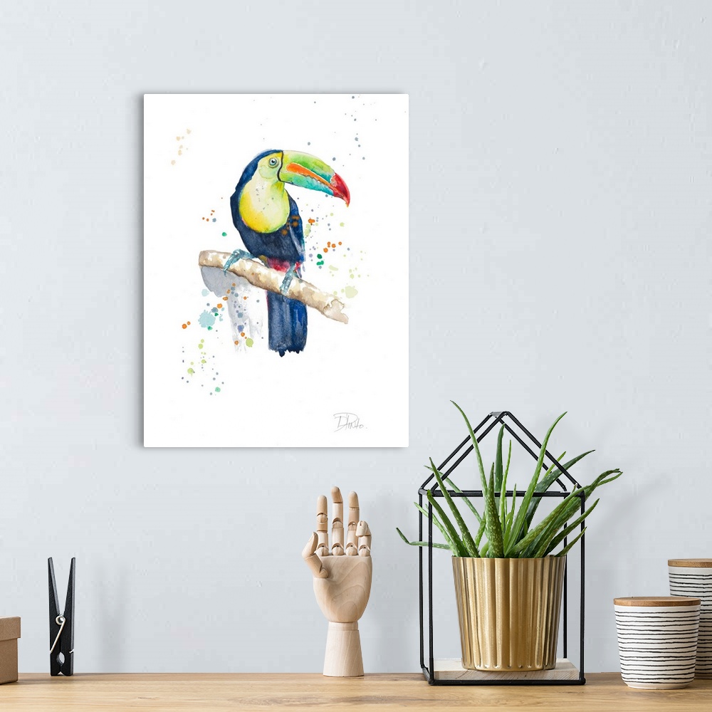 A bohemian room featuring Contemporary artwork featuring a tropical watercolor toucan with paint splatters over a white bac...