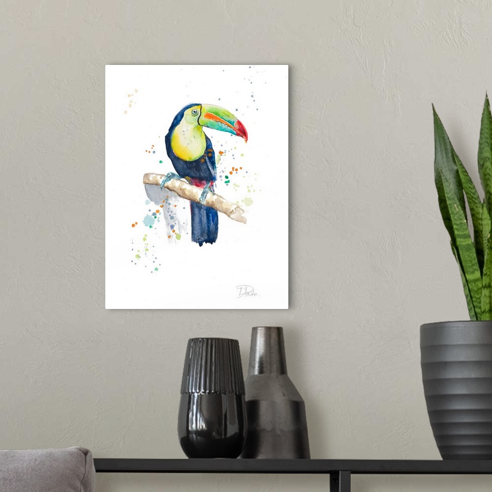 A modern room featuring Contemporary artwork featuring a tropical watercolor toucan with paint splatters over a white bac...