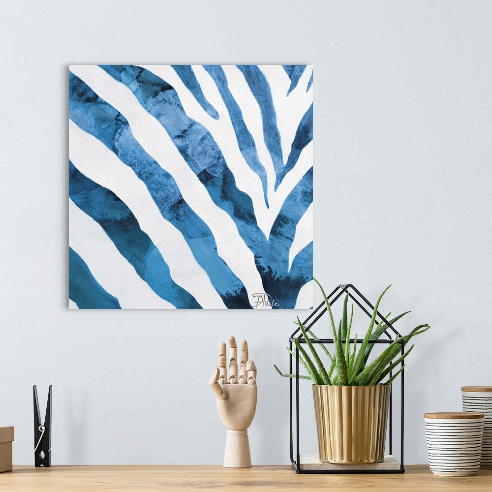 A bohemian room featuring Contemporary abstract painting of blue zebra stripes against white.
