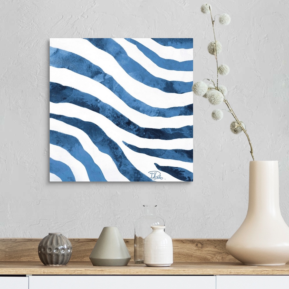 A farmhouse room featuring Contemporary abstract painting of blue zebra stripes against white.