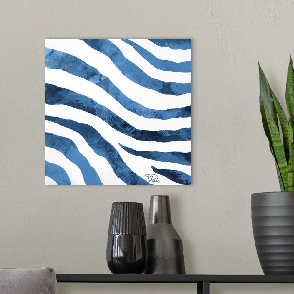A modern room featuring Contemporary abstract painting of blue zebra stripes against white.