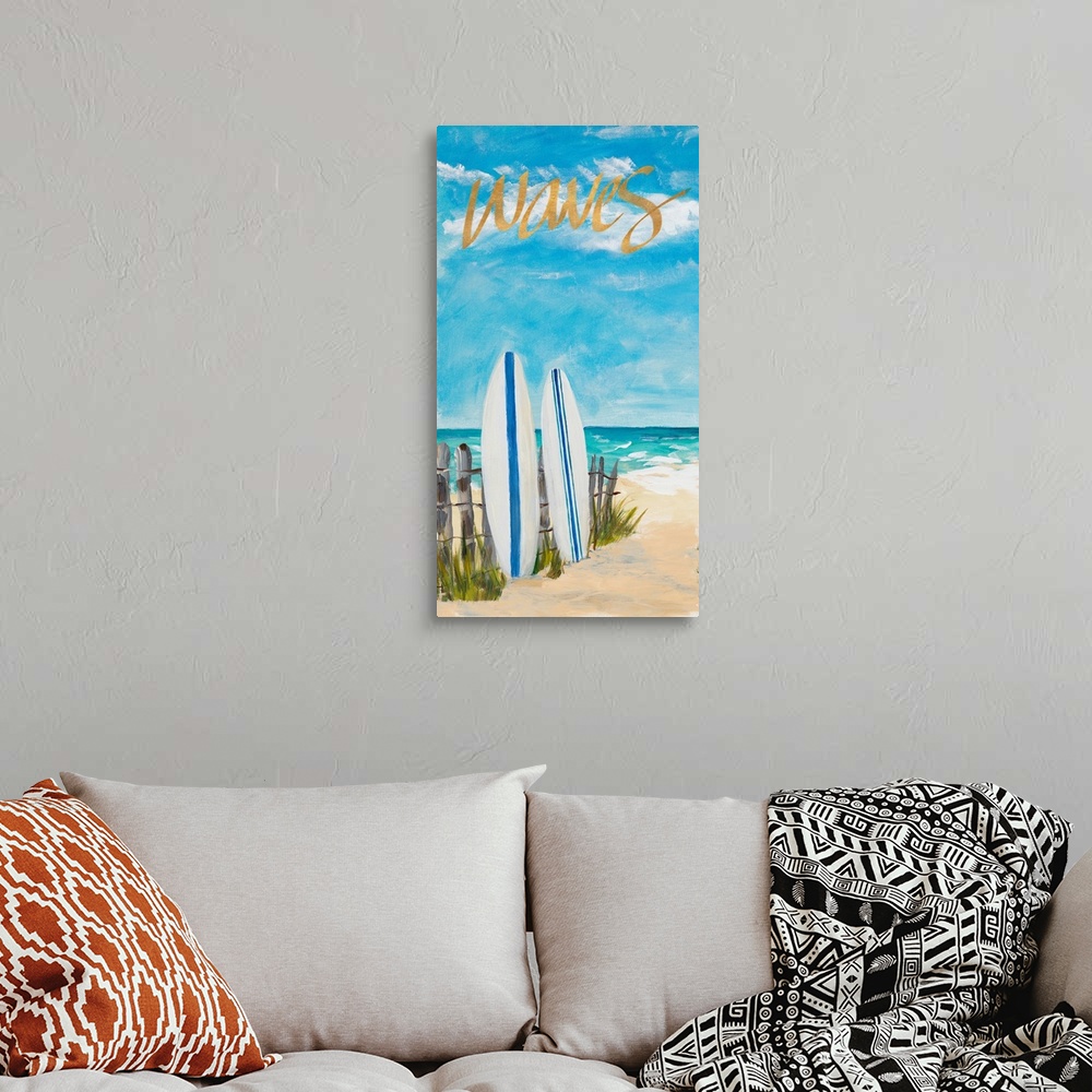 A bohemian room featuring Contemporary painting of two surf boards standing up against a wooden fence on the beach with the...