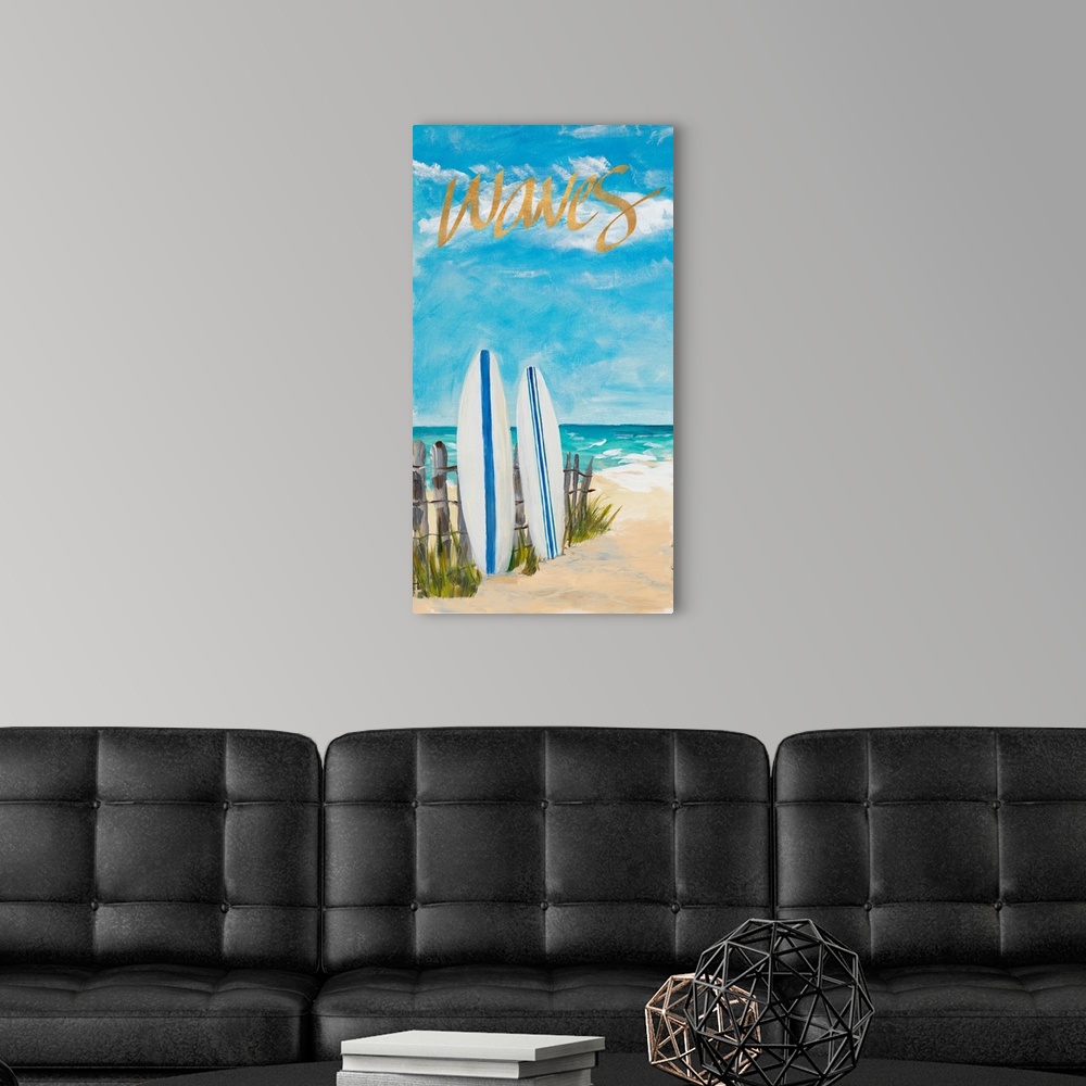 A modern room featuring Contemporary painting of two surf boards standing up against a wooden fence on the beach with the...