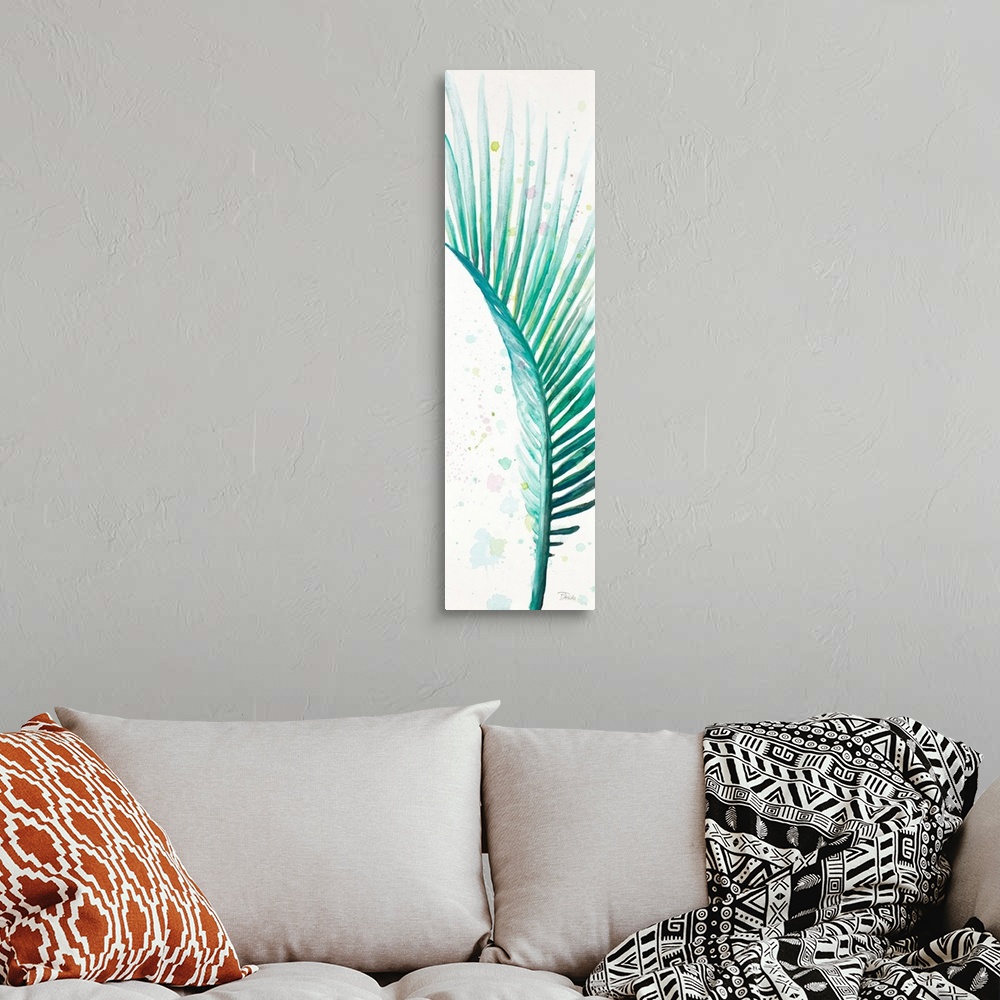 A bohemian room featuring Tall watercolor painting of a green-blue palm leaf with light colorful paint spatter on the white...