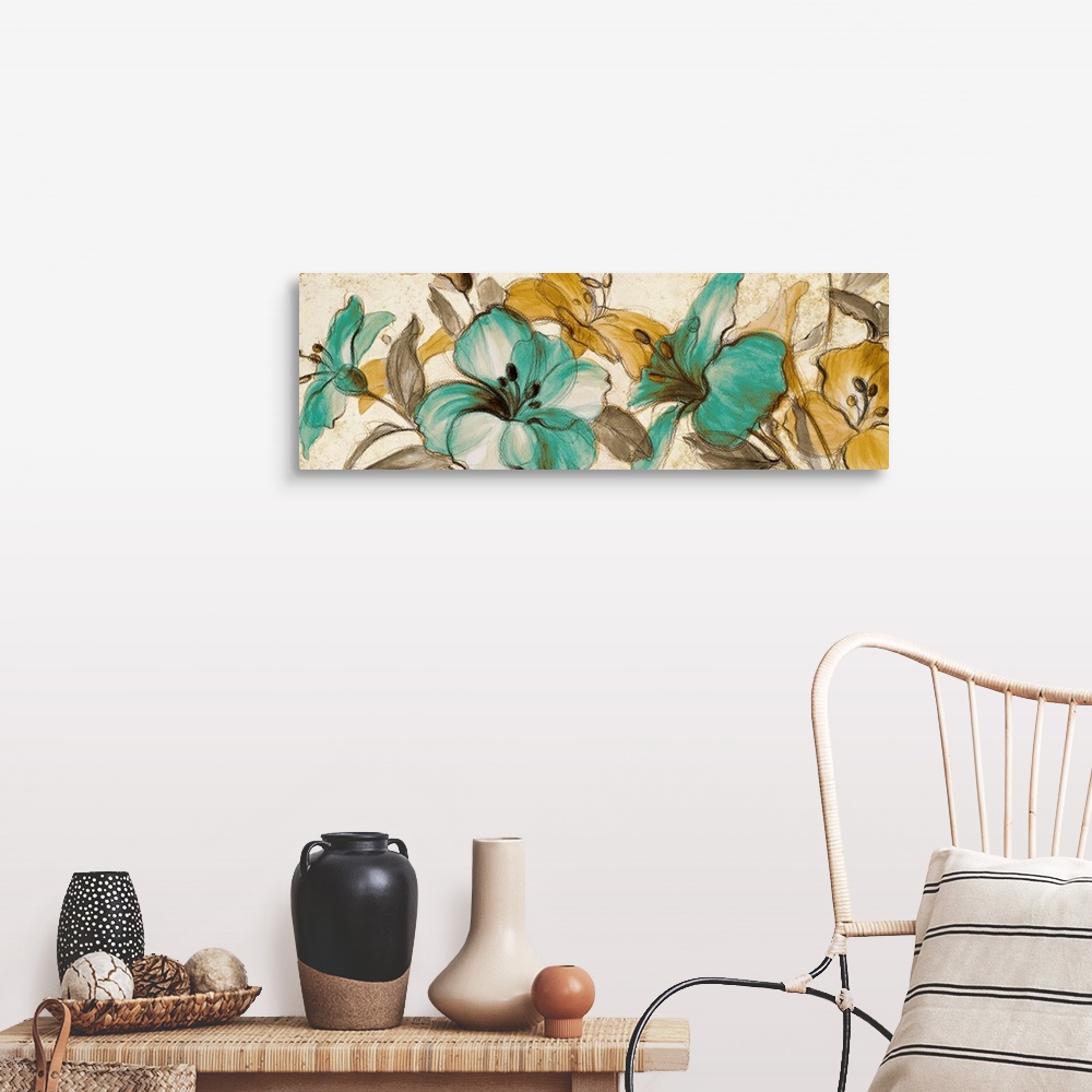 A farmhouse room featuring Horizontal, large artwork for a living room or office of big, colorful flowers illustrated on a n...