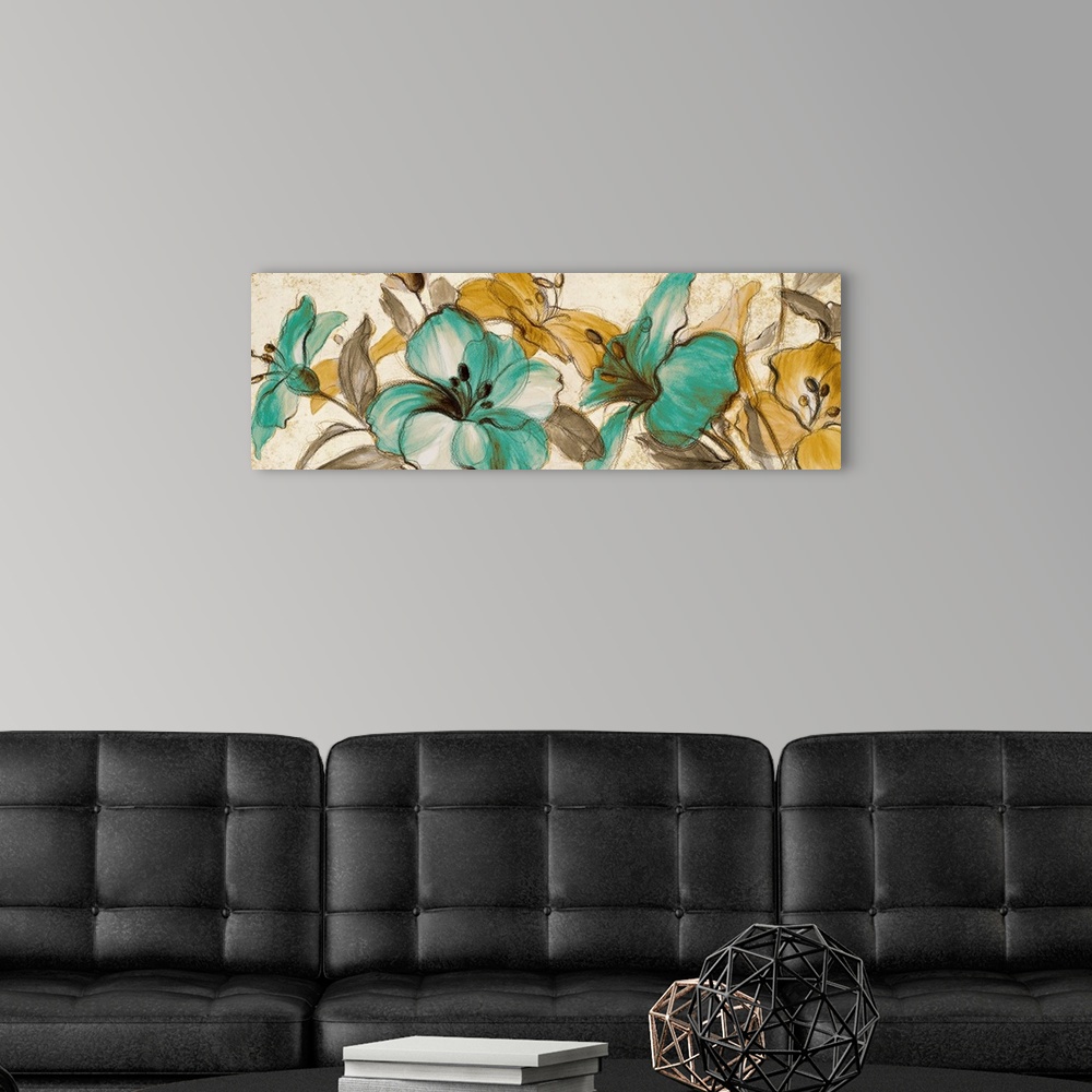 A modern room featuring Horizontal, large artwork for a living room or office of big, colorful flowers illustrated on a n...