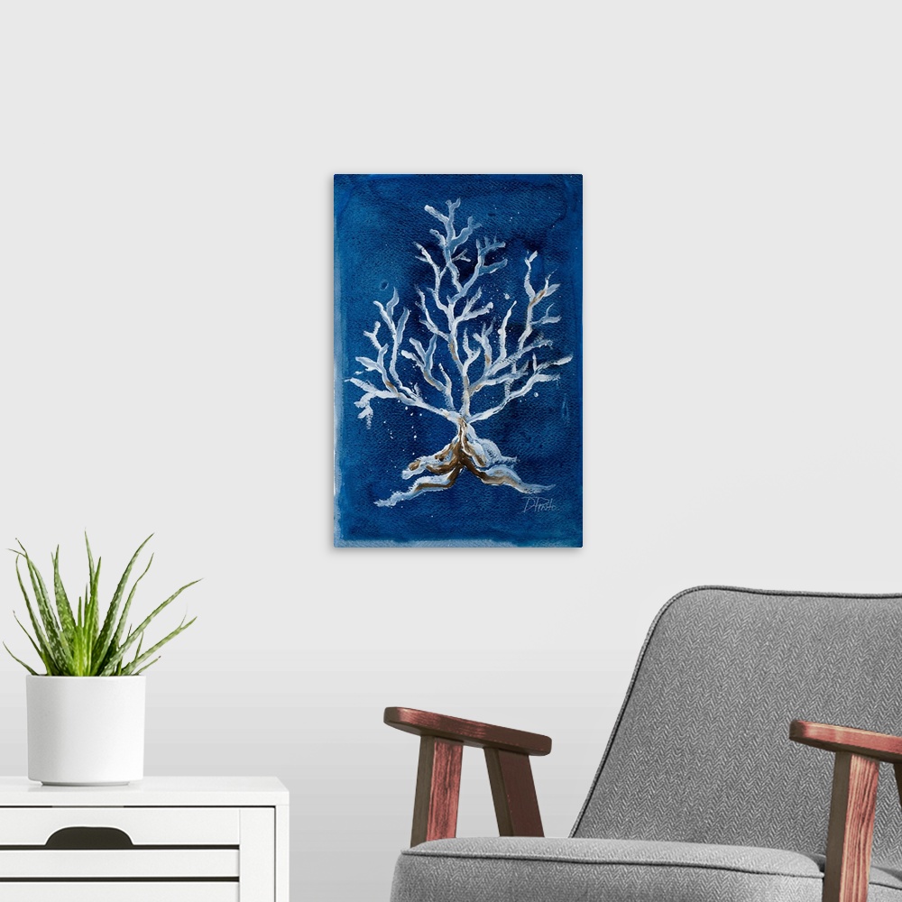 A modern room featuring A contemporary painting of white corals on a deep blue background.