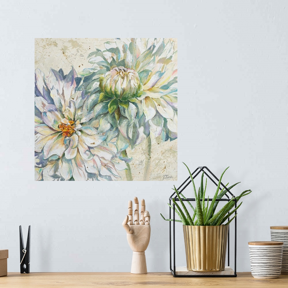 A bohemian room featuring Decorative artwork of two dahlia flowers with several pointed petals.