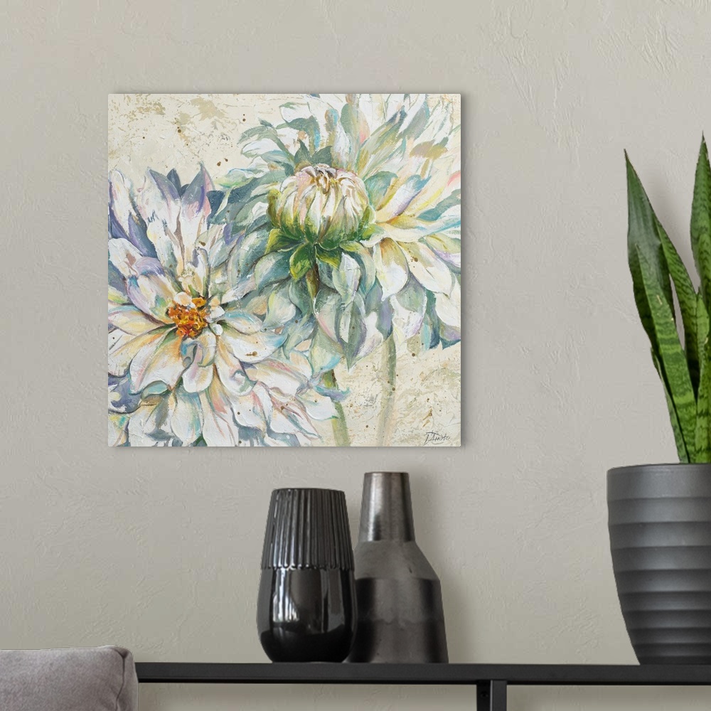 A modern room featuring Decorative artwork of two dahlia flowers with several pointed petals.