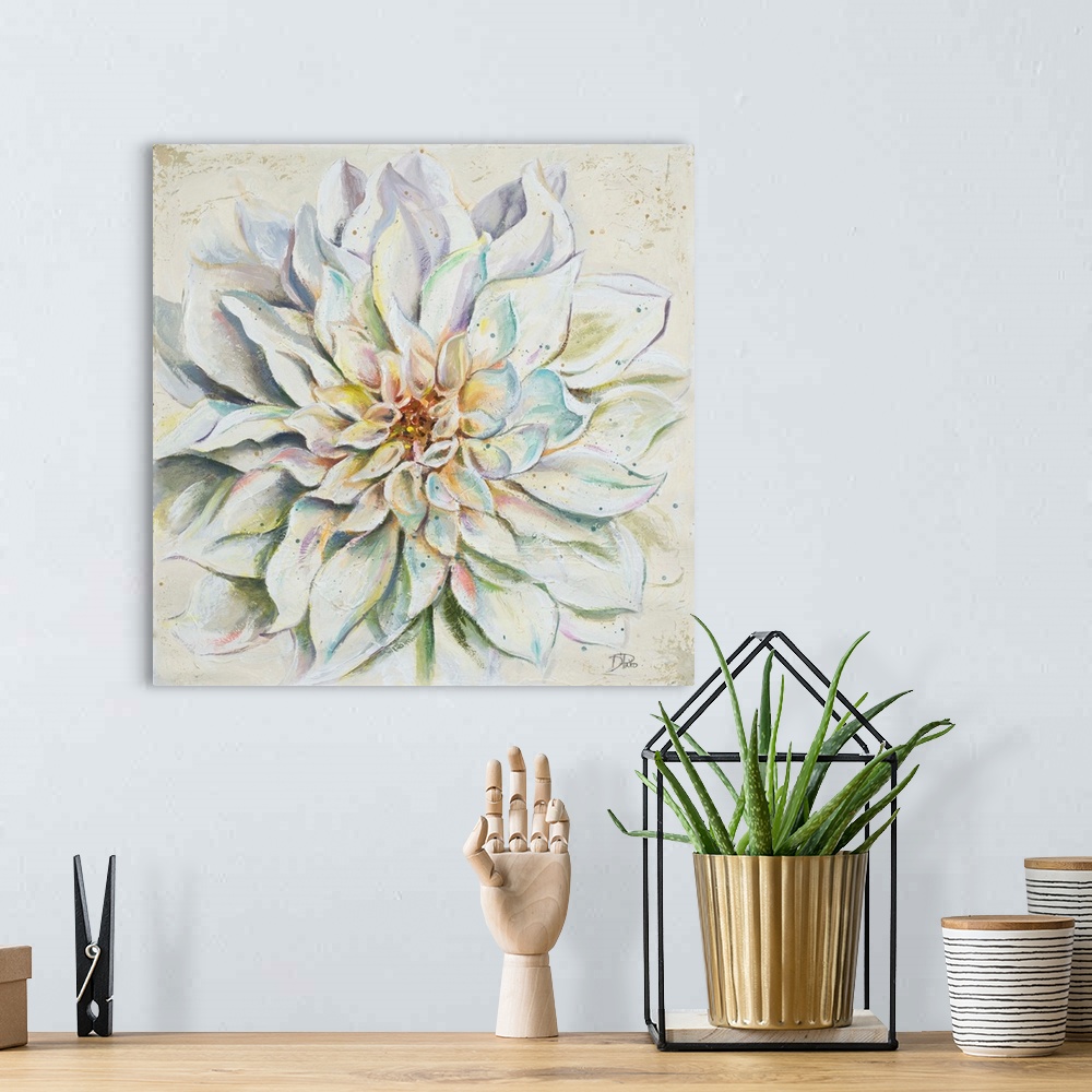 A bohemian room featuring Decorative artwork of a dahlia flower with several pointed petals.