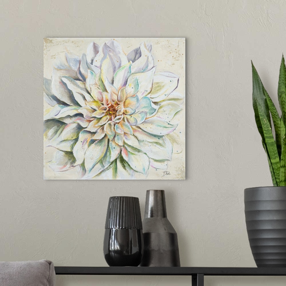 A modern room featuring Decorative artwork of a dahlia flower with several pointed petals.
