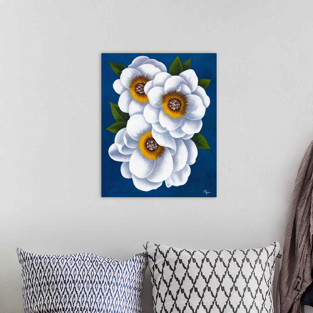 A bohemian room featuring Contemporary painting of three beautiful white flowers on a bright blue background.