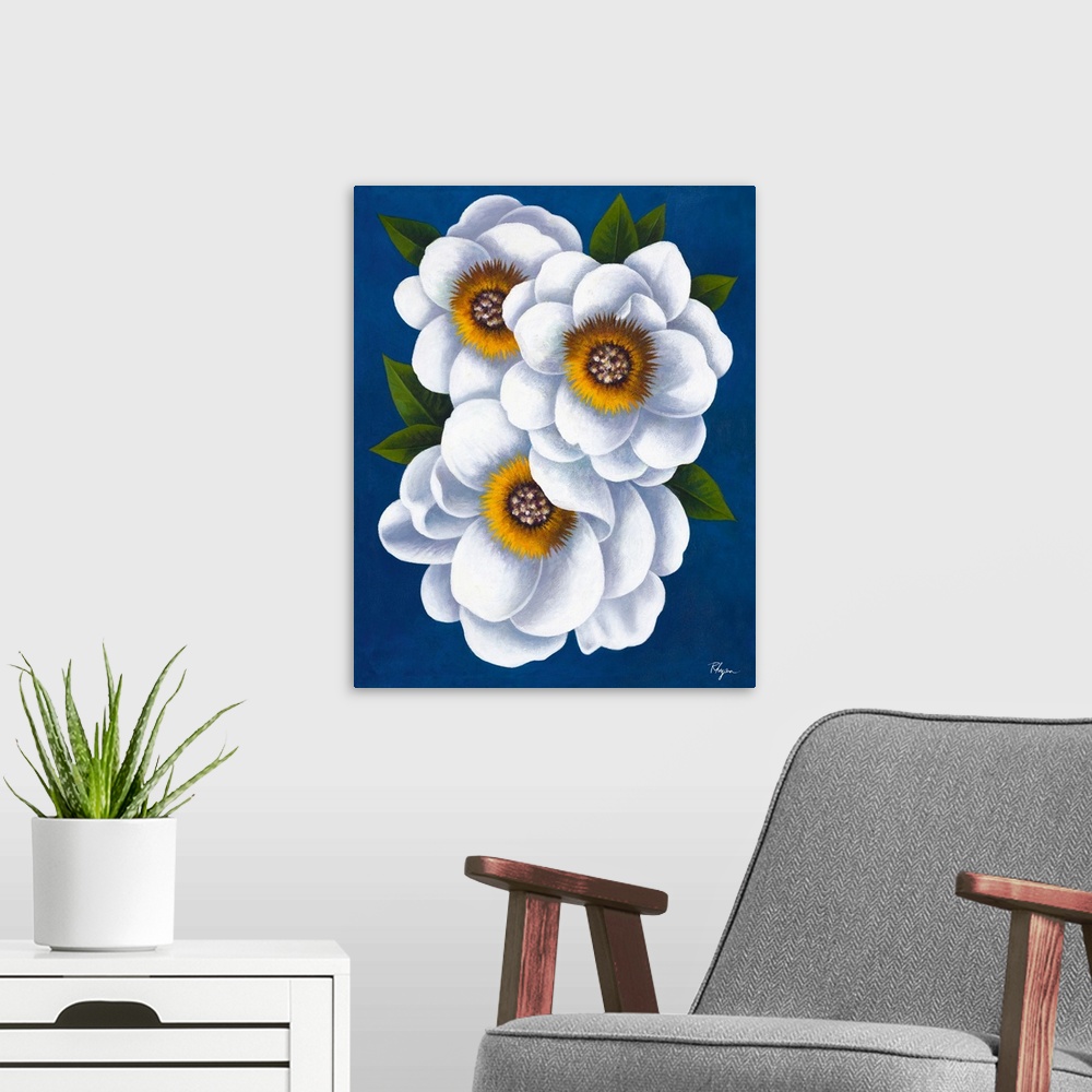 A modern room featuring Contemporary painting of three beautiful white flowers on a bright blue background.