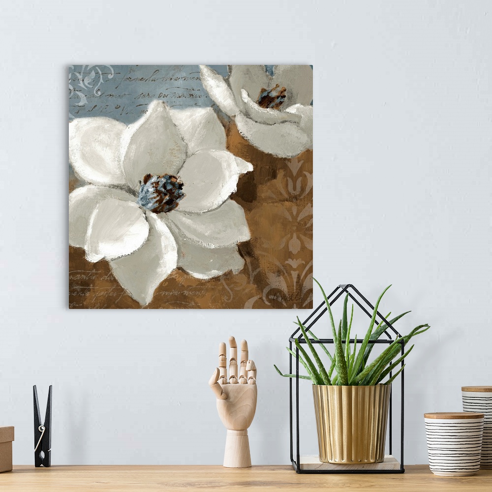 A bohemian room featuring Square wall art of two flower blossoms painted on decorative backgrounds containing hand written ...